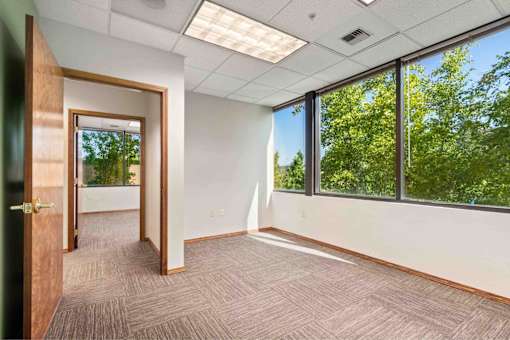 A room with a carpeted floor, a door, and a window overlooking trees.