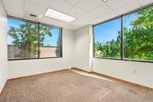 A room with a carpeted floor and large windows.