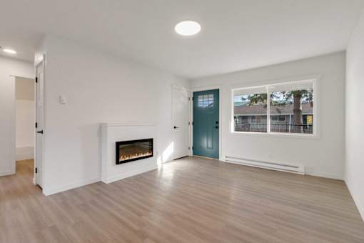 A room with a fireplace and a window.