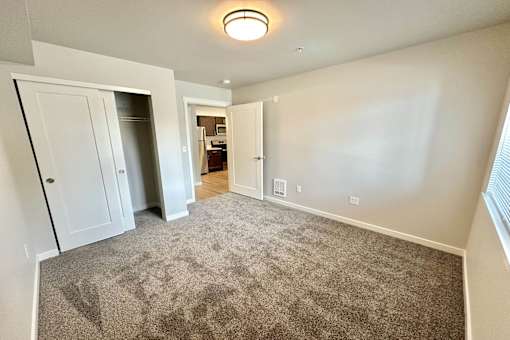 A room with a carpeted floor and a ceiling light.