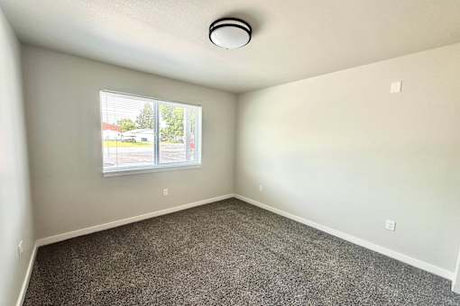 A room with a carpeted floor and a window.