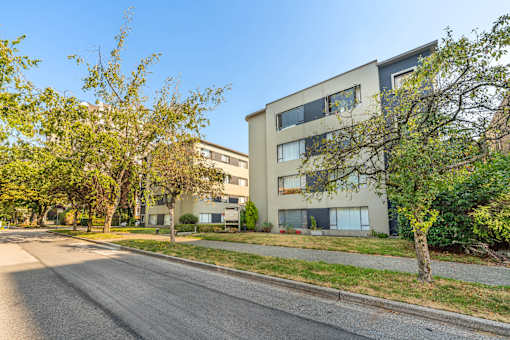 A street view of a residential area with apartment buildings and trees.