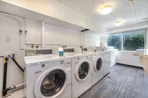 A row of white front load washing machines in a laundry room.