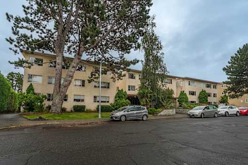A parking lot with cars and a building in the background.