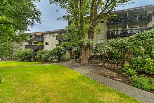 A green lawn in front of a building.