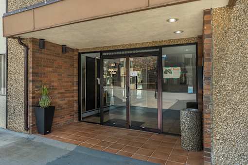 A glass door entrance to a building with a plant in a black pot to the left.