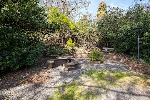 A backyard with a picnic table surrounded by trees.