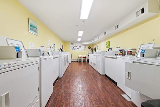 A laundromat with rows of washers and dryers.