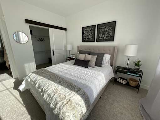 a bedroom with a large bed and a closet