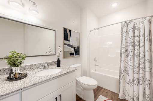 A bathroom with a white toilet, sink, and shower curtain.