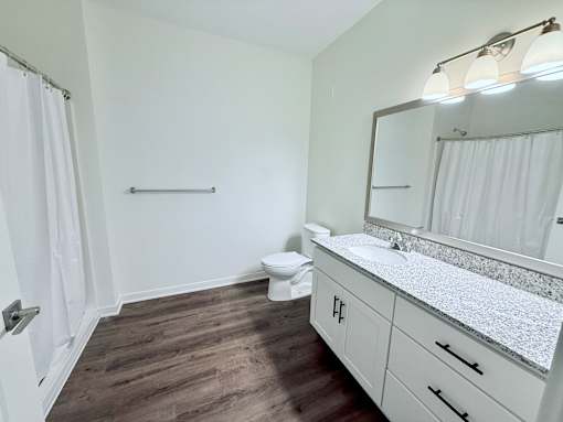 A bathroom with a toilet, sink, and mirror.