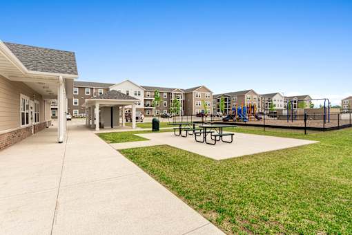 Playground and picnic tables at Union at North Crossing, Waterloo, Iowa