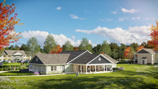 a rendering of a house with a porch and a lawn