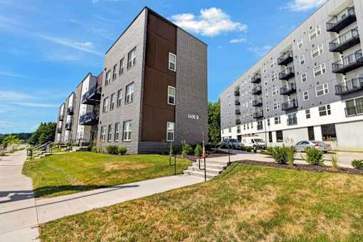 Modern apartment buildings with balconies and sidewalks 1 at Union at Rivers Edge Apartments, Des Moines, IA, 50315