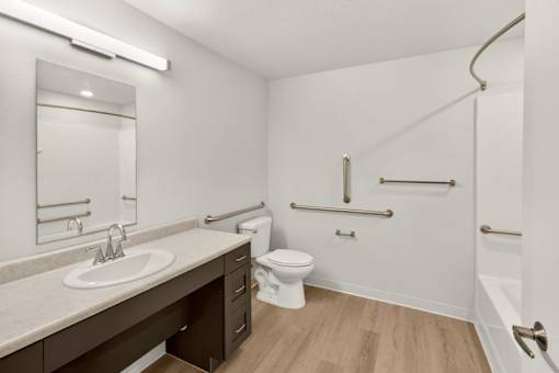 Accessible bathroom with grab bars and tub at Union at Rivers Edge Apartments, Iowa