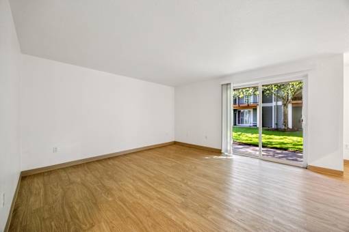 A room with a wooden floor and a sliding glass door.