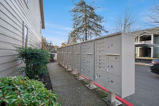 A long row of electrical boxes are lined up on the sidewalk.