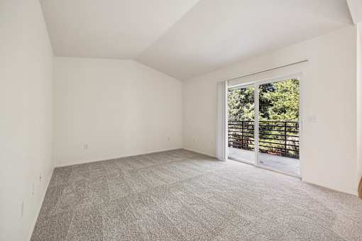 A large, empty room with a carpeted floor and a sliding glass door leading to a balcony.
