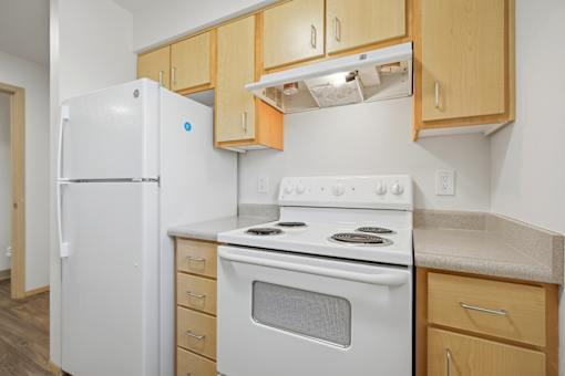 A white refrigerator and stove in a kitchen with wooden cabinets.