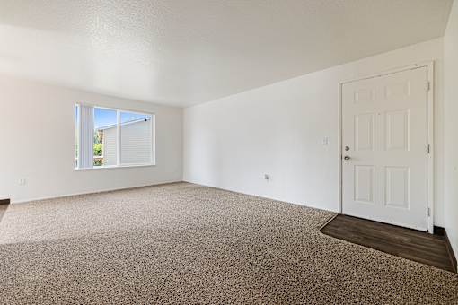 A room with a white door and a window with blinds.