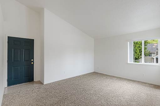 A room with a dark blue door and a window showing greenery outside.
