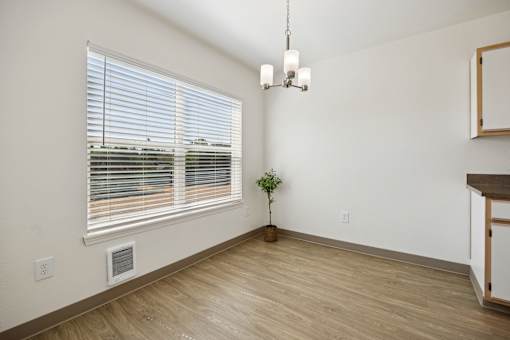 A room with a window, a plant, and a chandelier.