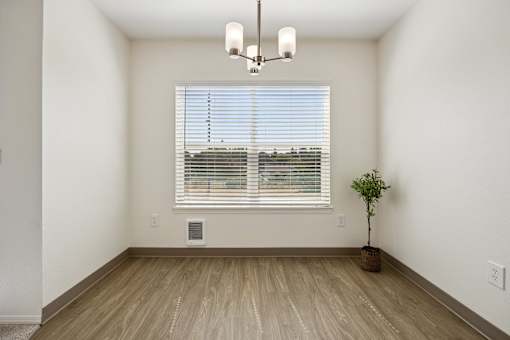 A room with a window, a plant, and a chandelier.