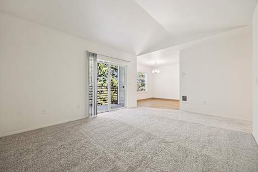 A spacious room with a grey carpet and white walls.