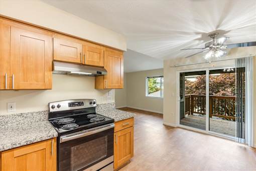 Cascade Woods stove and kitchen area