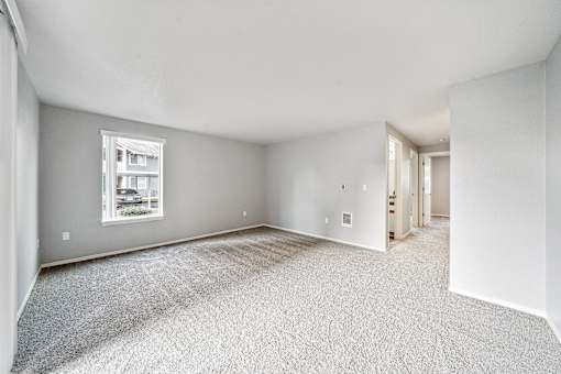 A room with a carpeted floor and a window.