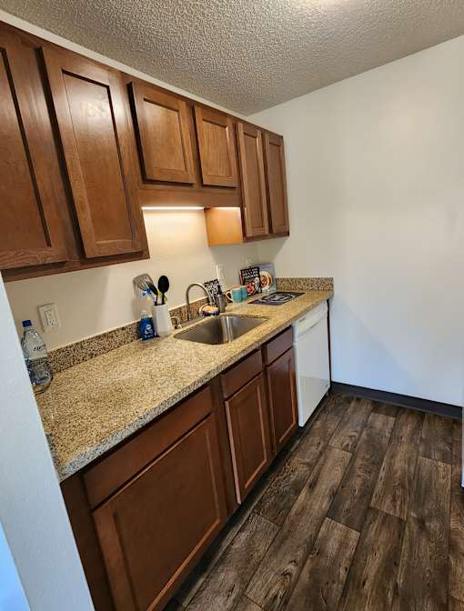 A kitchen with brown cabinets and a granite countertop.