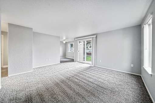 A spacious room with grey carpeting and white walls.