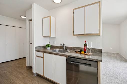 A kitchen with a stainless steel dishwasher and white cabinets.