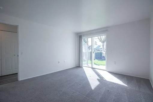 A room with a carpeted floor and a door leading outside.