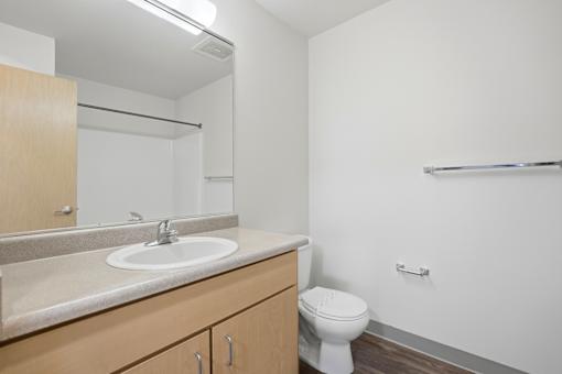A bathroom with a toilet, sink, and mirror.
