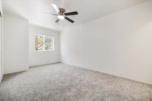 A room with a ceiling fan and a window showing trees outside.