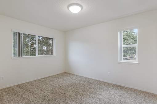 A room with carpeted floor and two windows.
