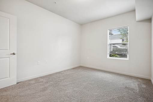 A room with a carpeted floor, a door, and a window with a view of a building outside.