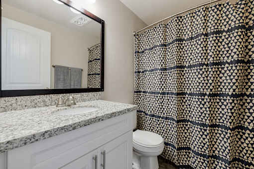 A bathroom with a marble countertop and a toilet.