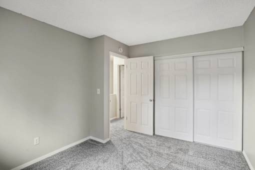 A room with a carpeted floor and two white doors.