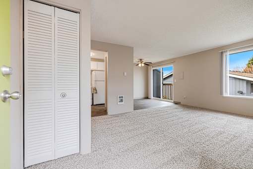 A room with a white door and carpeted floor.