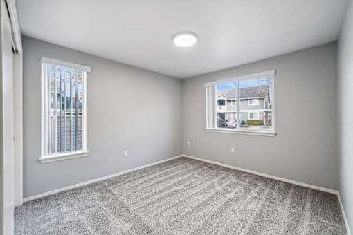 A room with a carpeted floor and a window showing a view of a building.