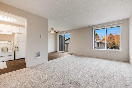 A spacious living room with a carpeted floor and a large window.