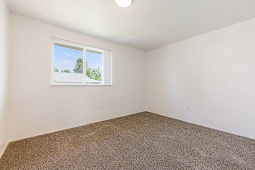 A room with a carpeted floor and a window.