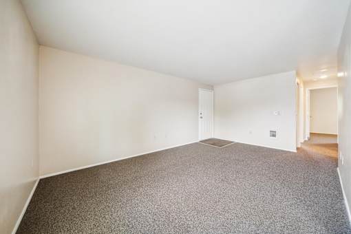 A spacious room with a grey carpet and white walls.