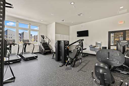 A gym with treadmills, weights, and exercise equipment.