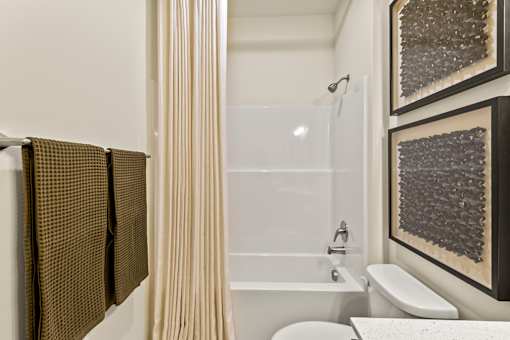 A bathroom with a white tub and toilet, a shower curtain, and two wall hangings.