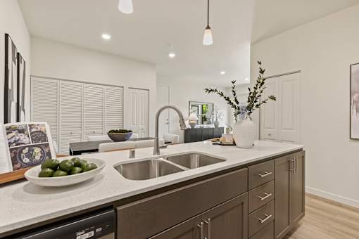 A modern kitchen with a dark wood finish.