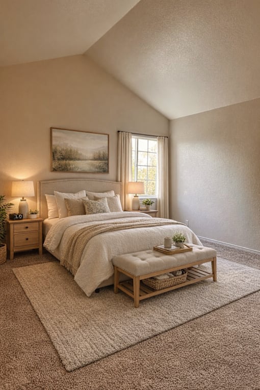 A bedroom with a large bed and a wooden bench.