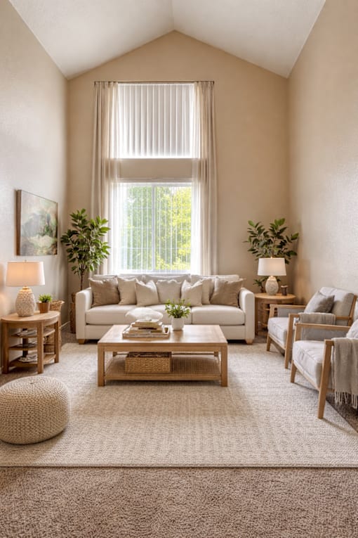 A living room with a white couch, a wooden coffee table, and a large window with white curtains.
